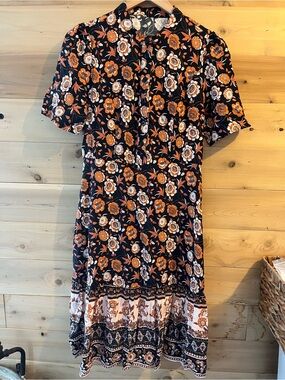 Shein blue and orange floral button down ruffle dress